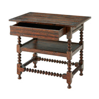 Jacobean style nightstand front view, open drawer.