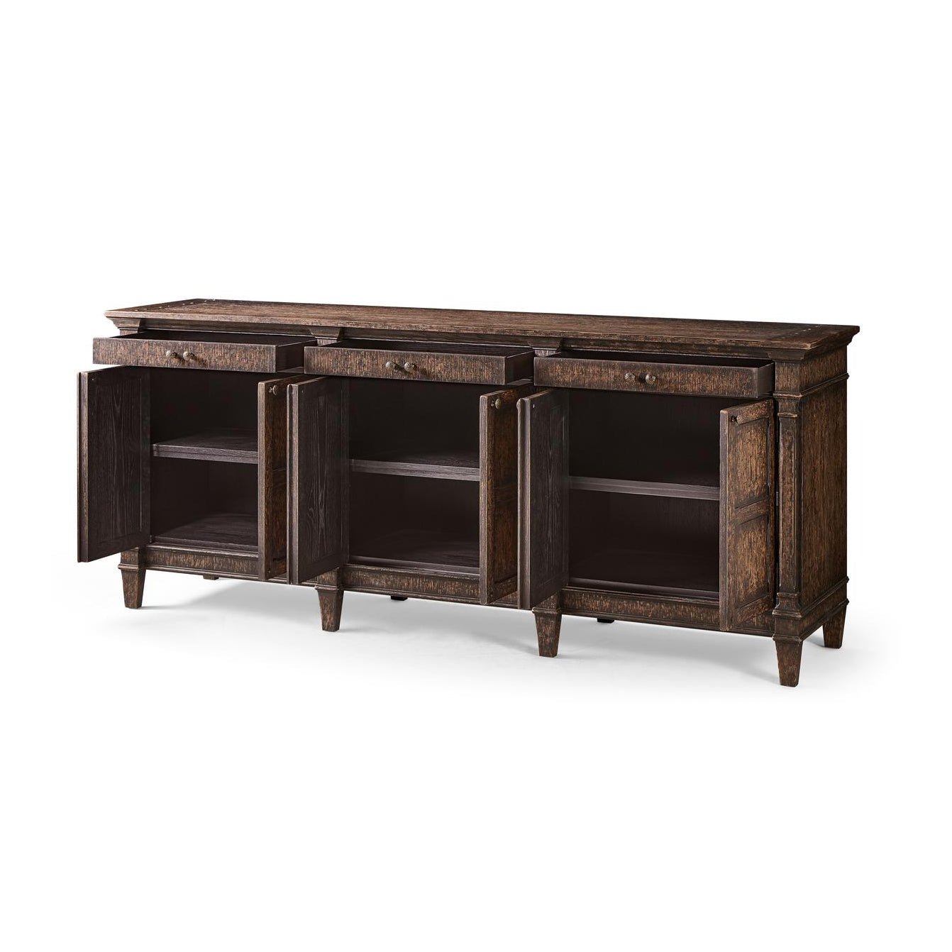 Oak sideboard with open cabinets showing interior shelves.