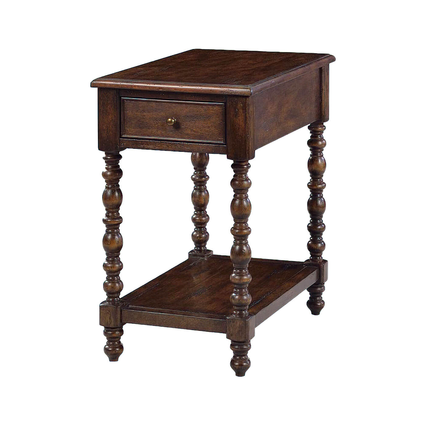 Jacobean style side table with drawer and lower shelf.