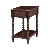 Jacobean style side table with drawer and lower shelf.