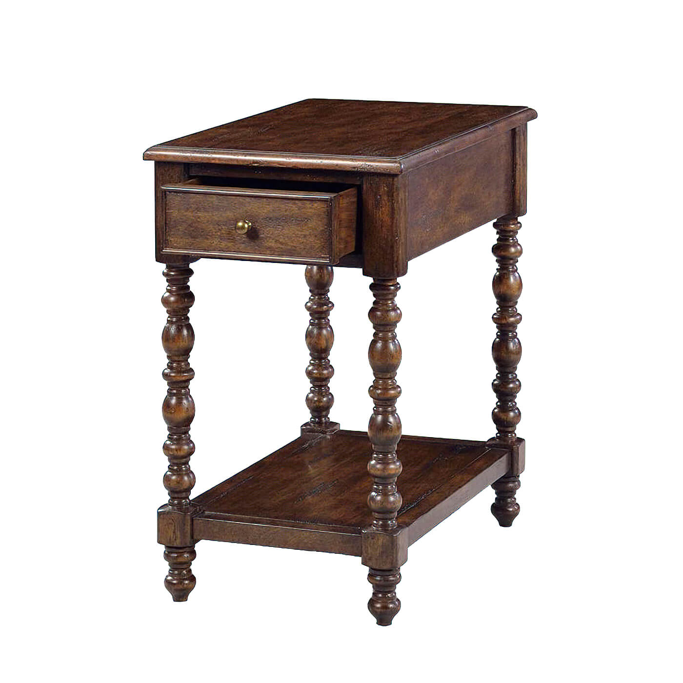Open drawer of Jacobean style side table, detailed view.