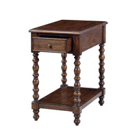 Open drawer of Jacobean style side table, detailed view.