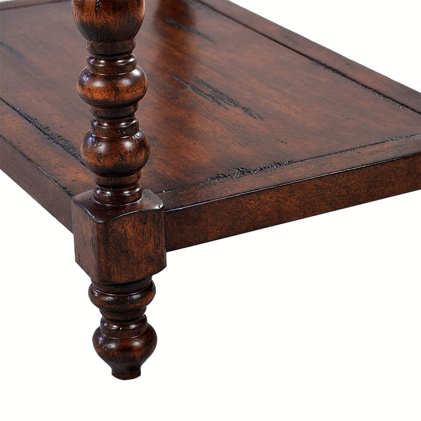 Close-up of side table’s turned leg and lower shelf.
