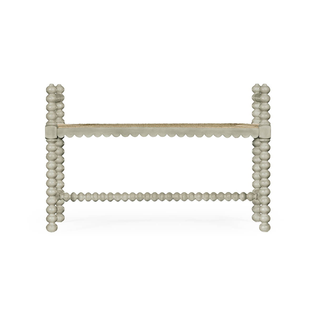Front view of grey Jacobean bench, spindle legs visible.