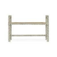 Front view of grey Jacobean bench, spindle legs visible.