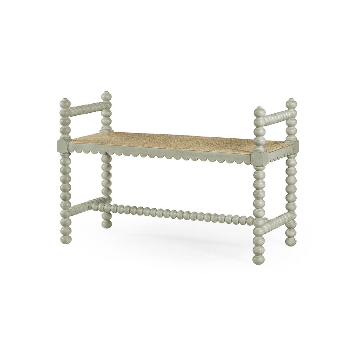 Grey painted Jacobean bench with spindle details, angled view.