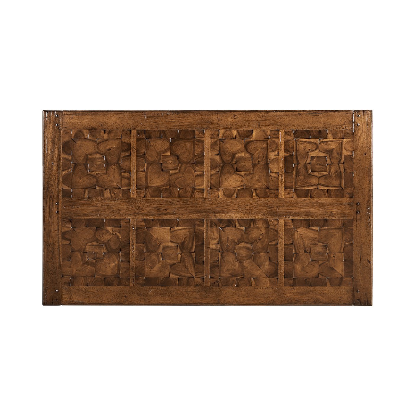 Top view of Jacobean walnut coffee table surface design.