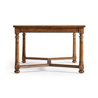 Side perspective of Jacobean walnut coffee table with legs.
