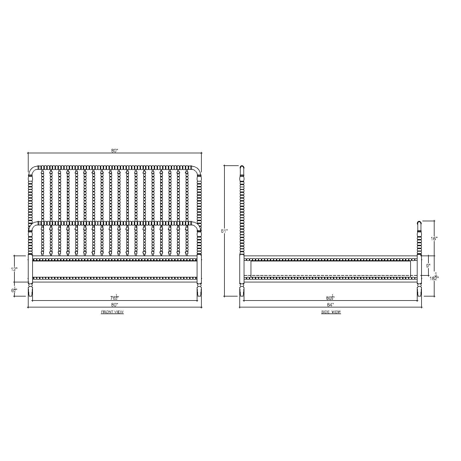 Technical drawing of white spindle bed frame dimensions.
