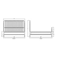 Technical drawing of white spindle bed frame dimensions.