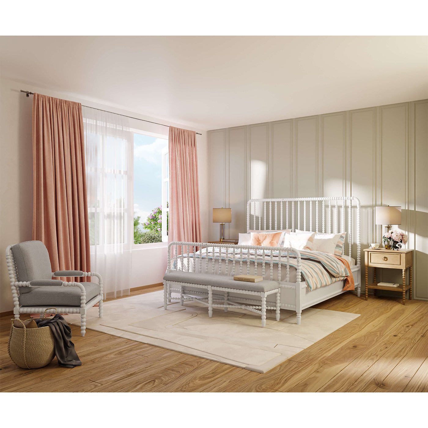 White spindle bed in decorated bedroom with window view.