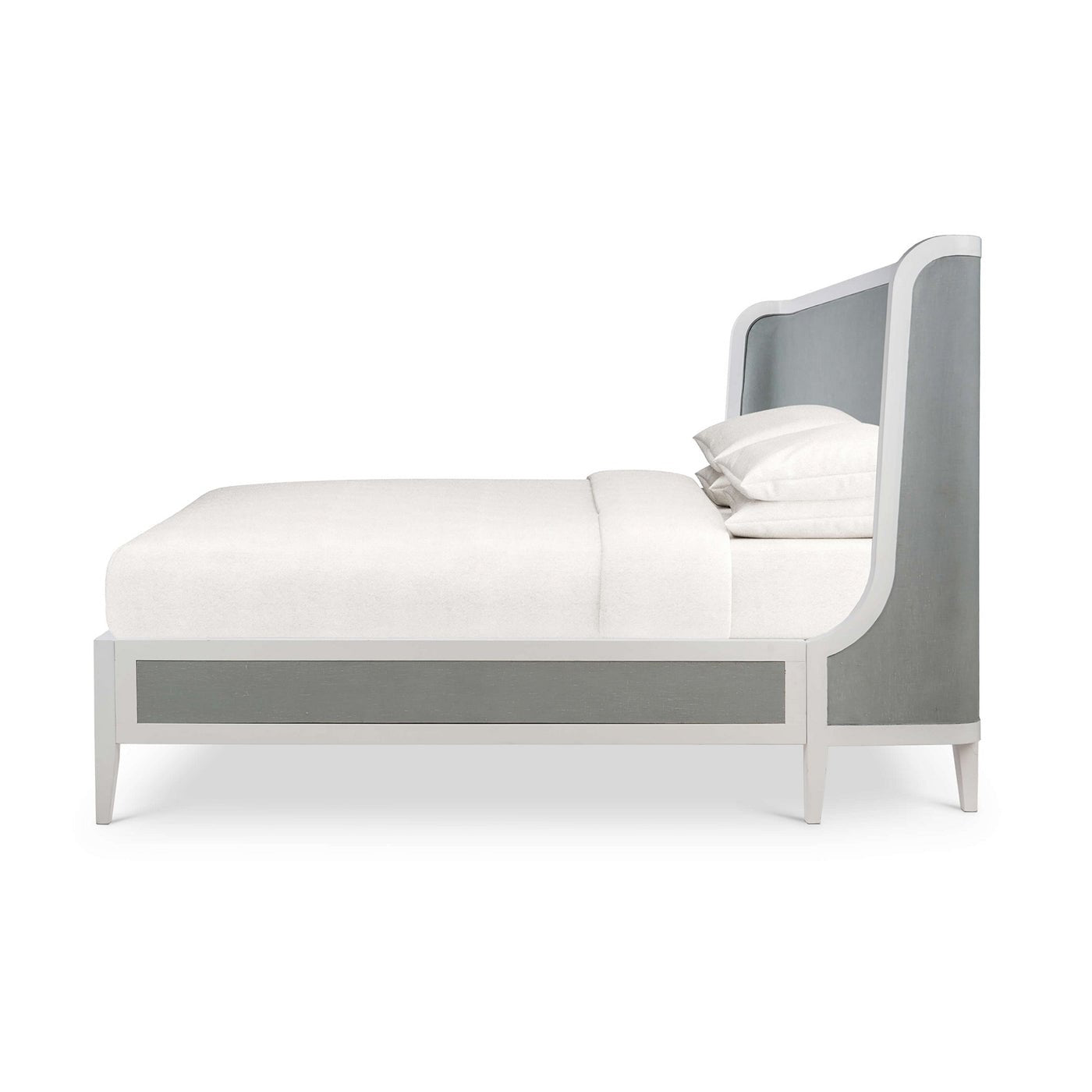 Side view of king bed featuring linen wrap.