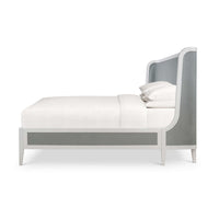 Side view of king bed featuring linen wrap.