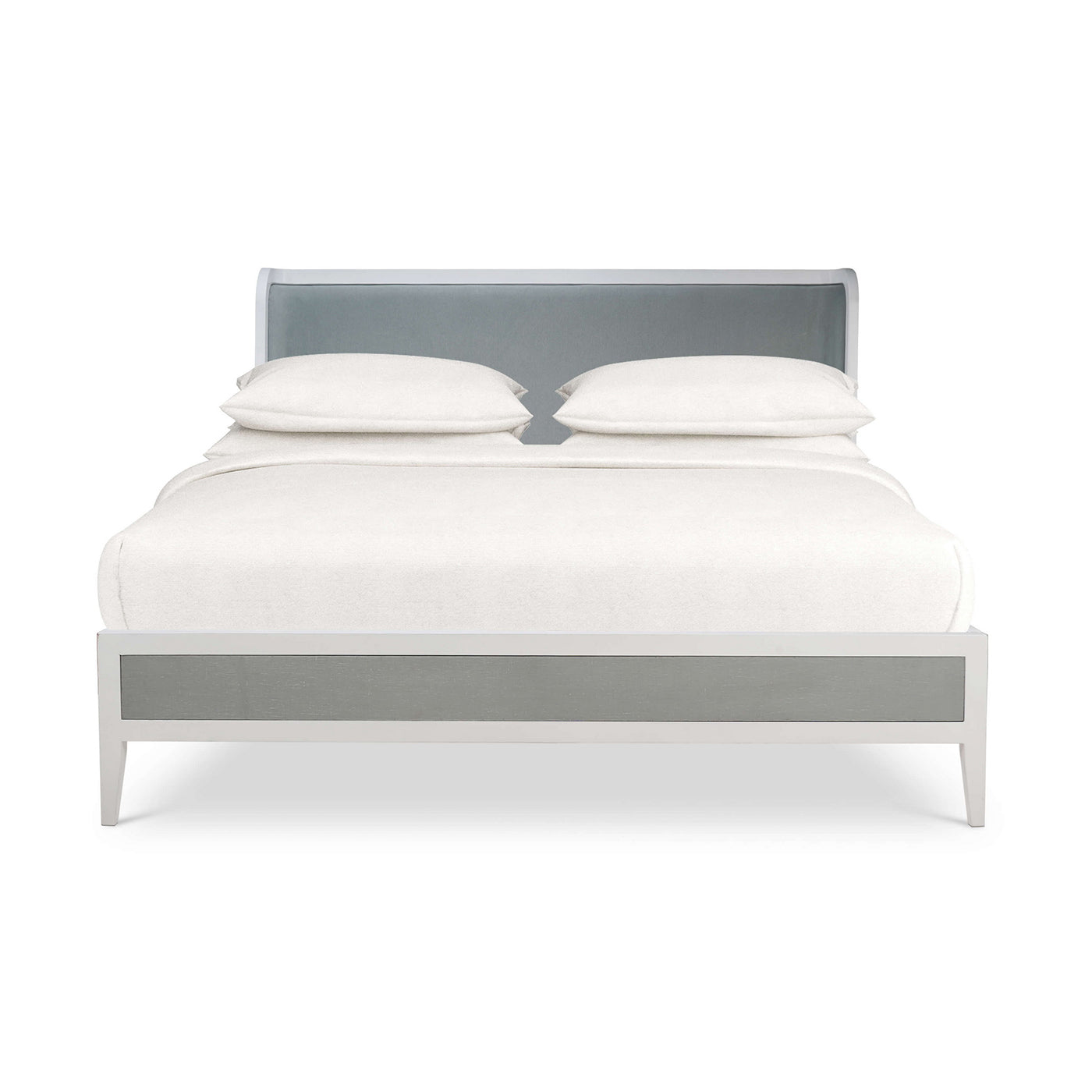 Front view of king upholstered bed frame.