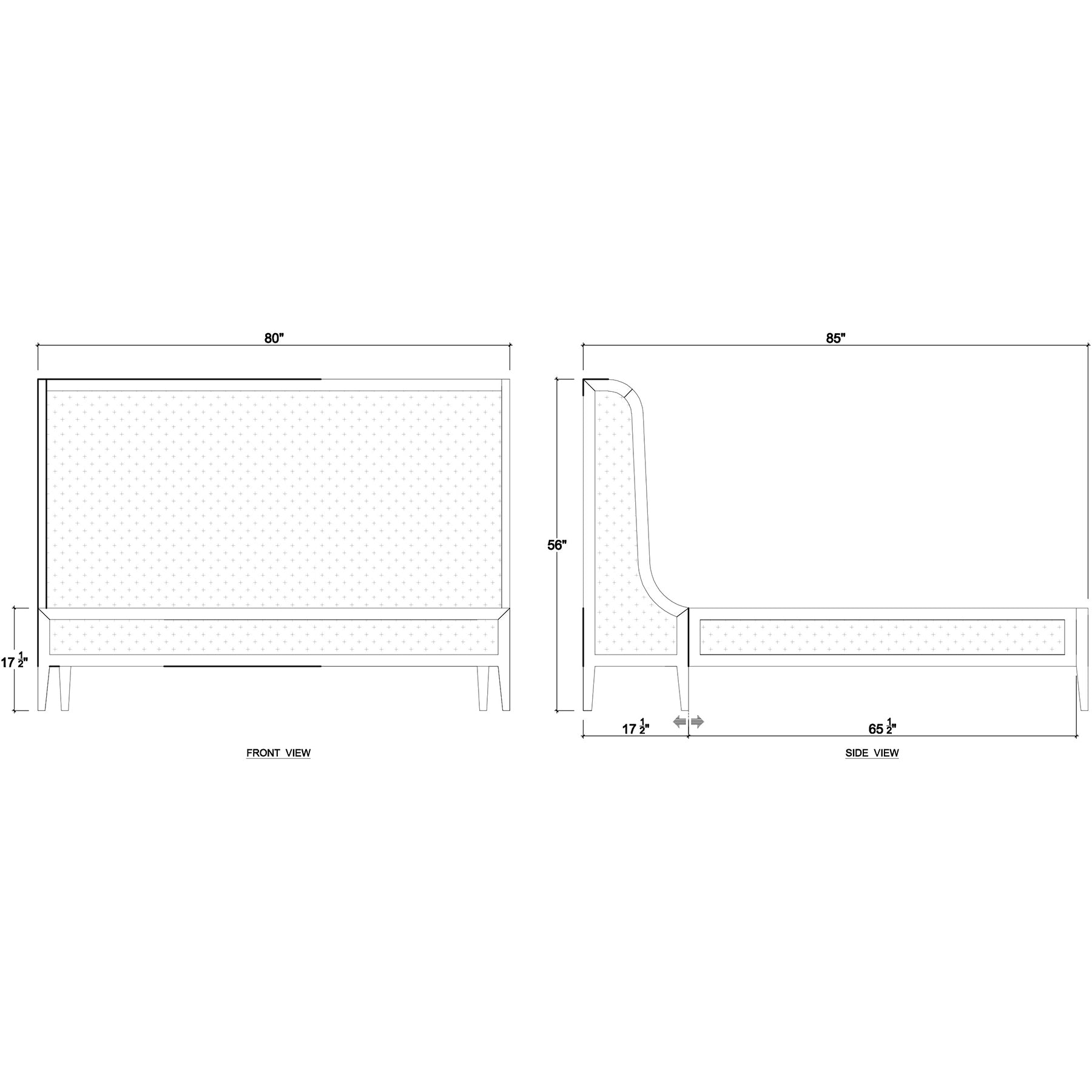Dimensional sketch of king upholstered linen bed design.
