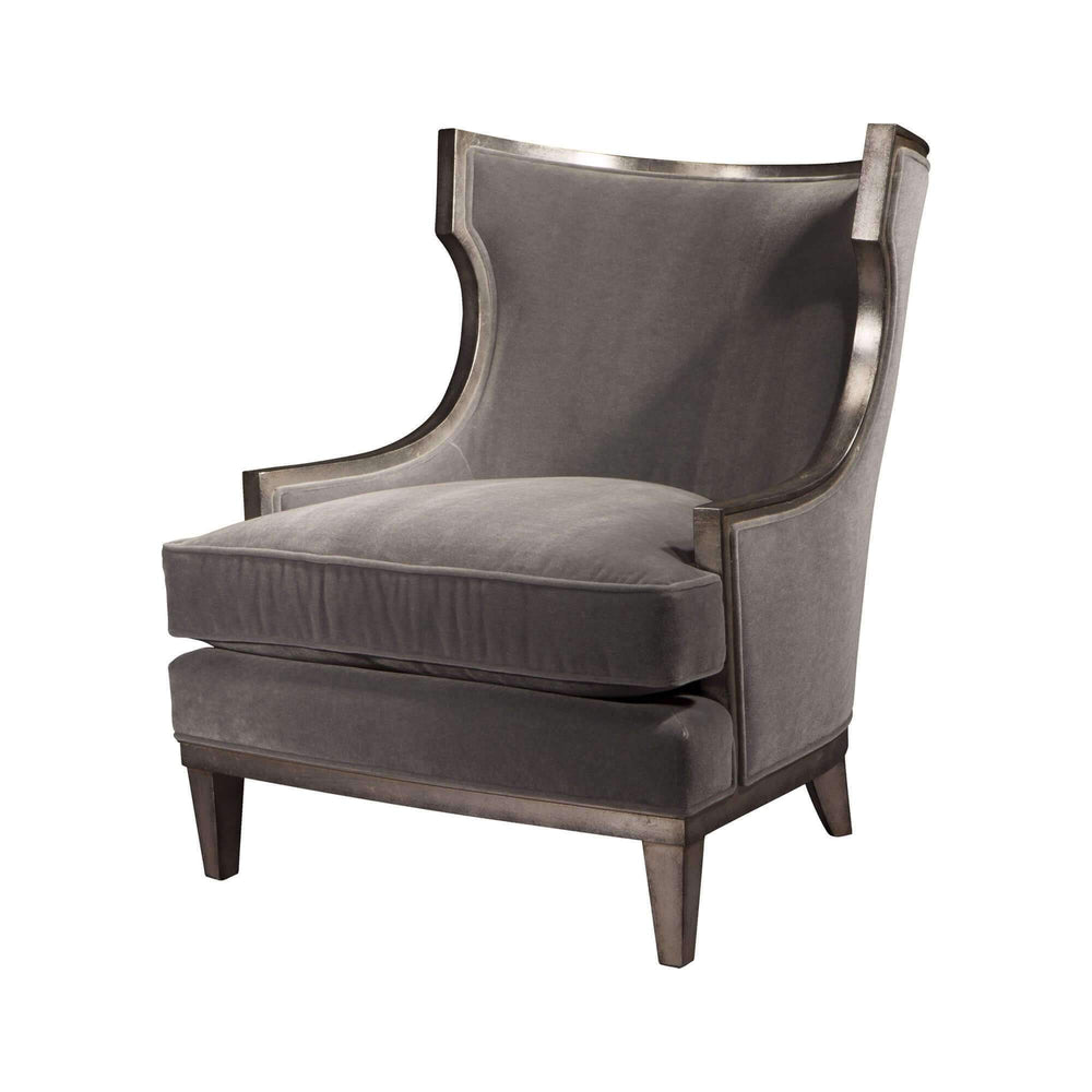 Gray Klismos wingchair, angled view, elegant design.
