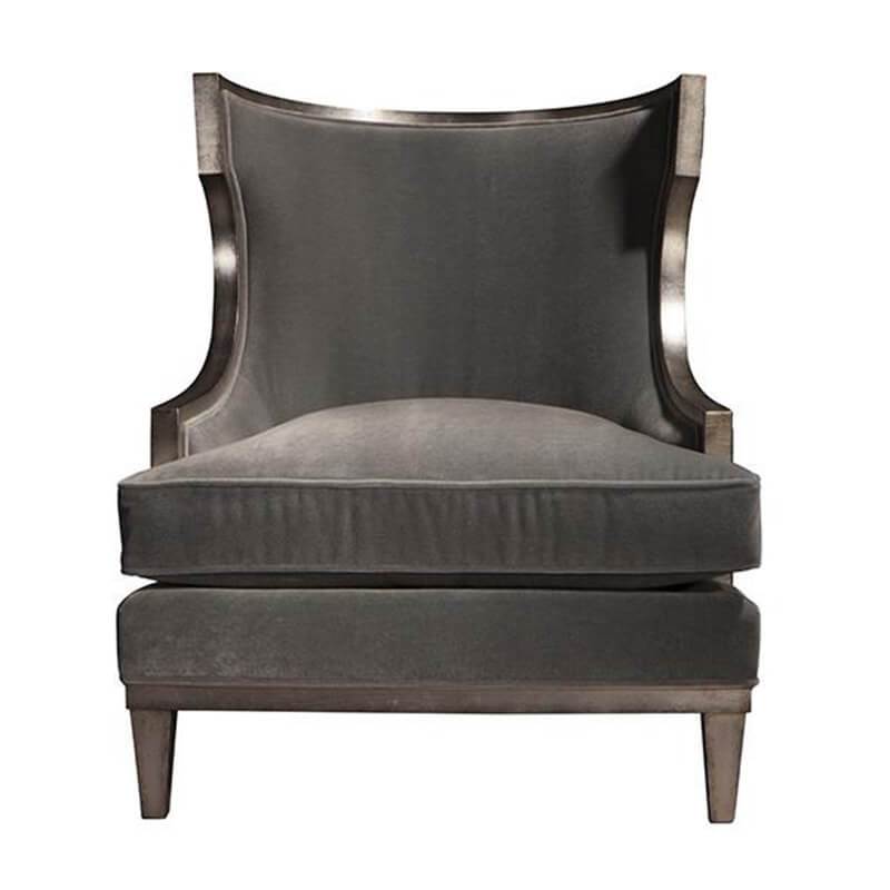 Front view of gray Klismos wingchair, plush seating.