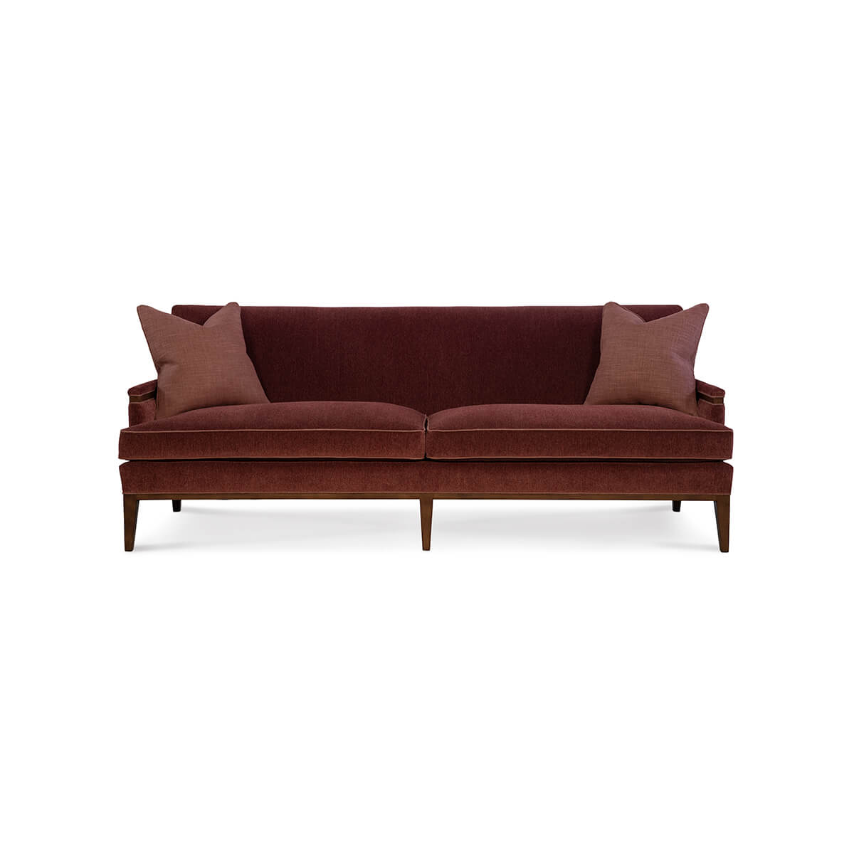 Mid-century sofa, front view with pillows.