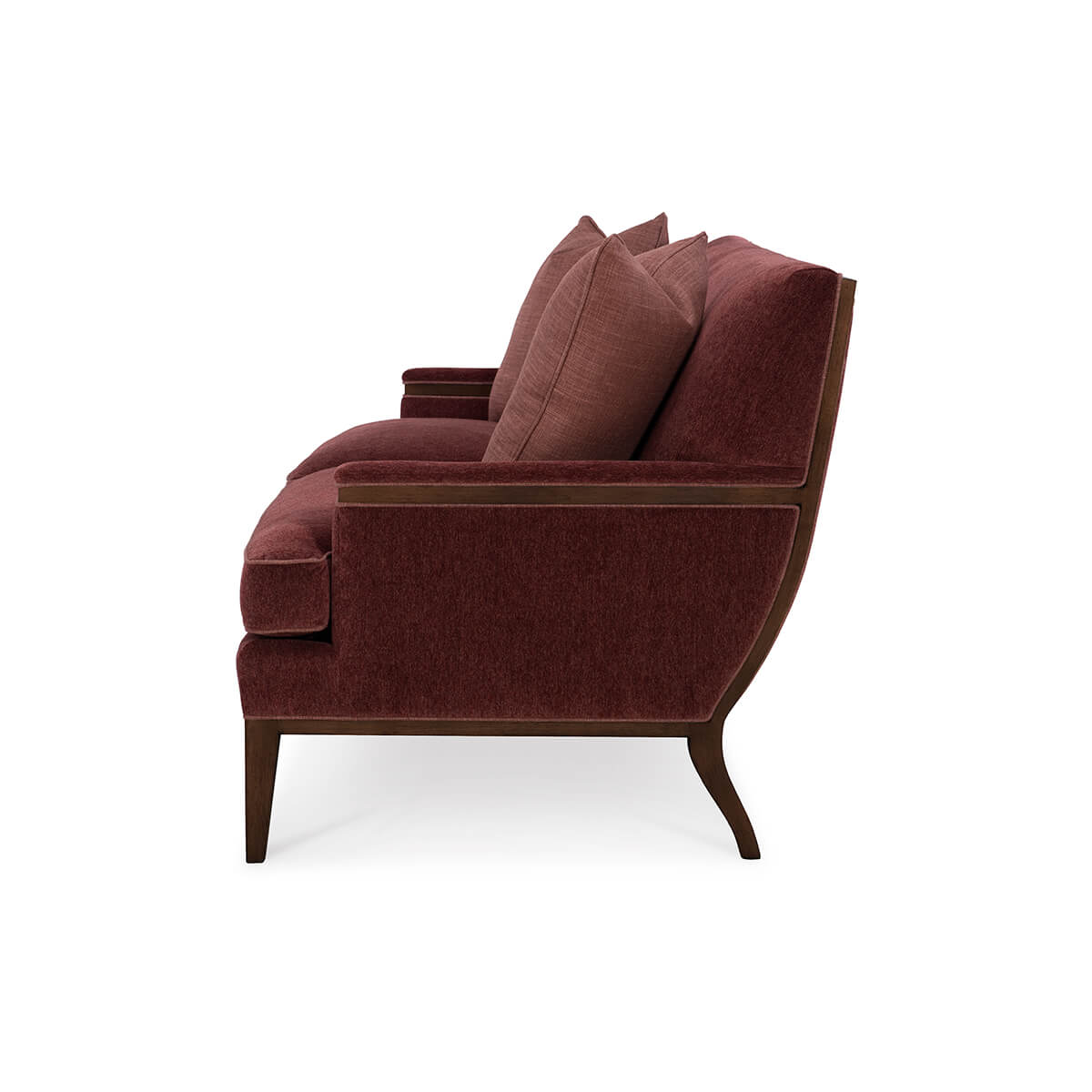 Mid-century sofa, side profile with cushions.