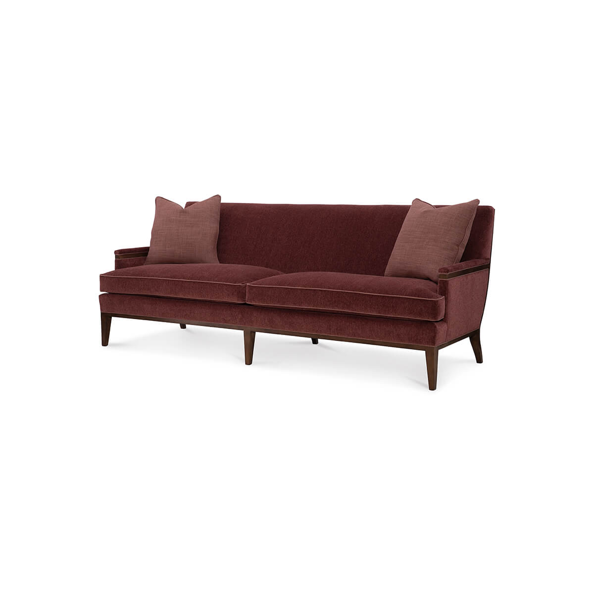 Mid-century sofa, angled front view with cushions.