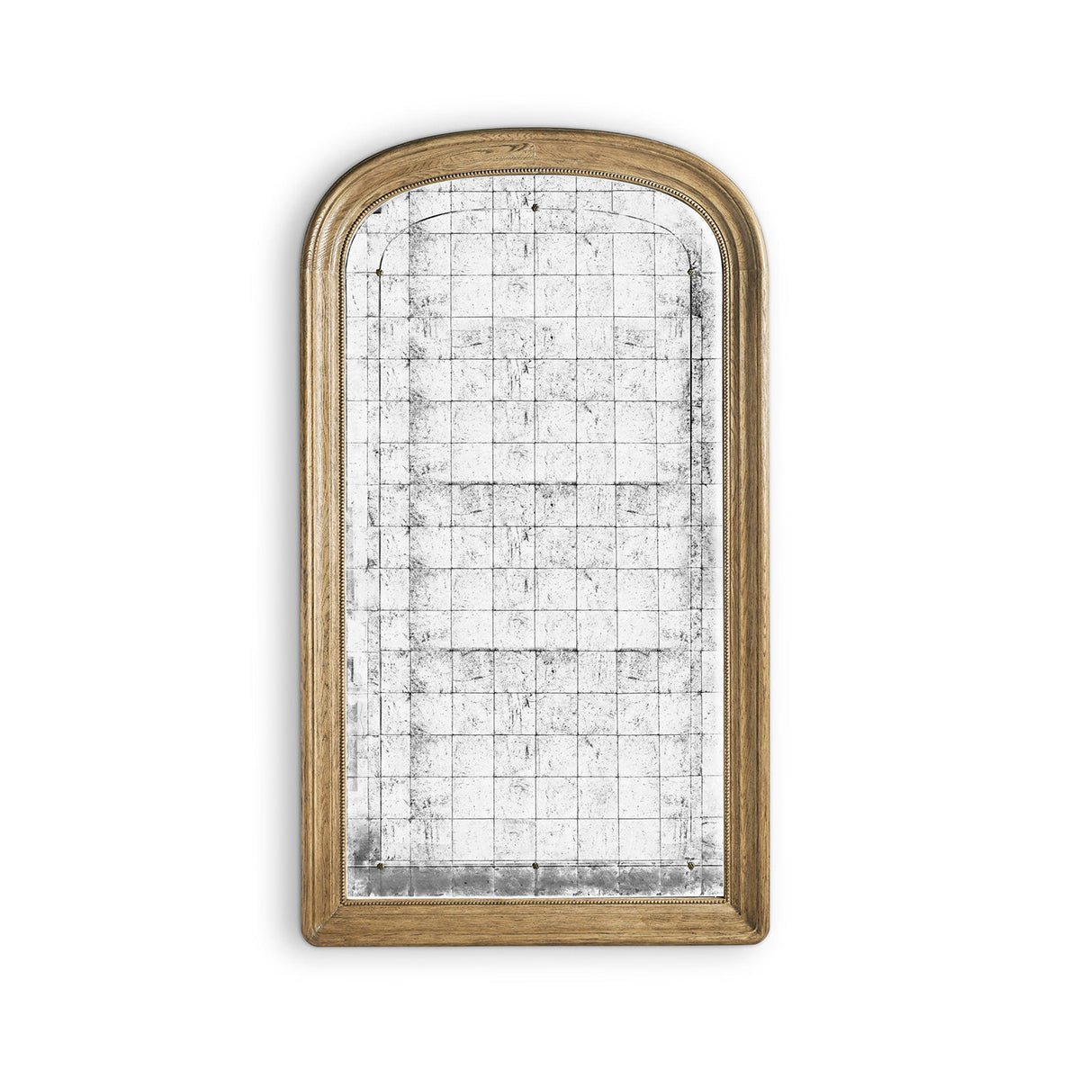 Rectangular antique mirror with wooden frame and grid design.