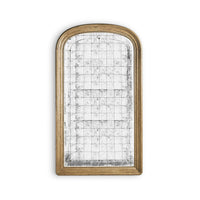 Rectangular antique mirror with wooden frame and grid design.