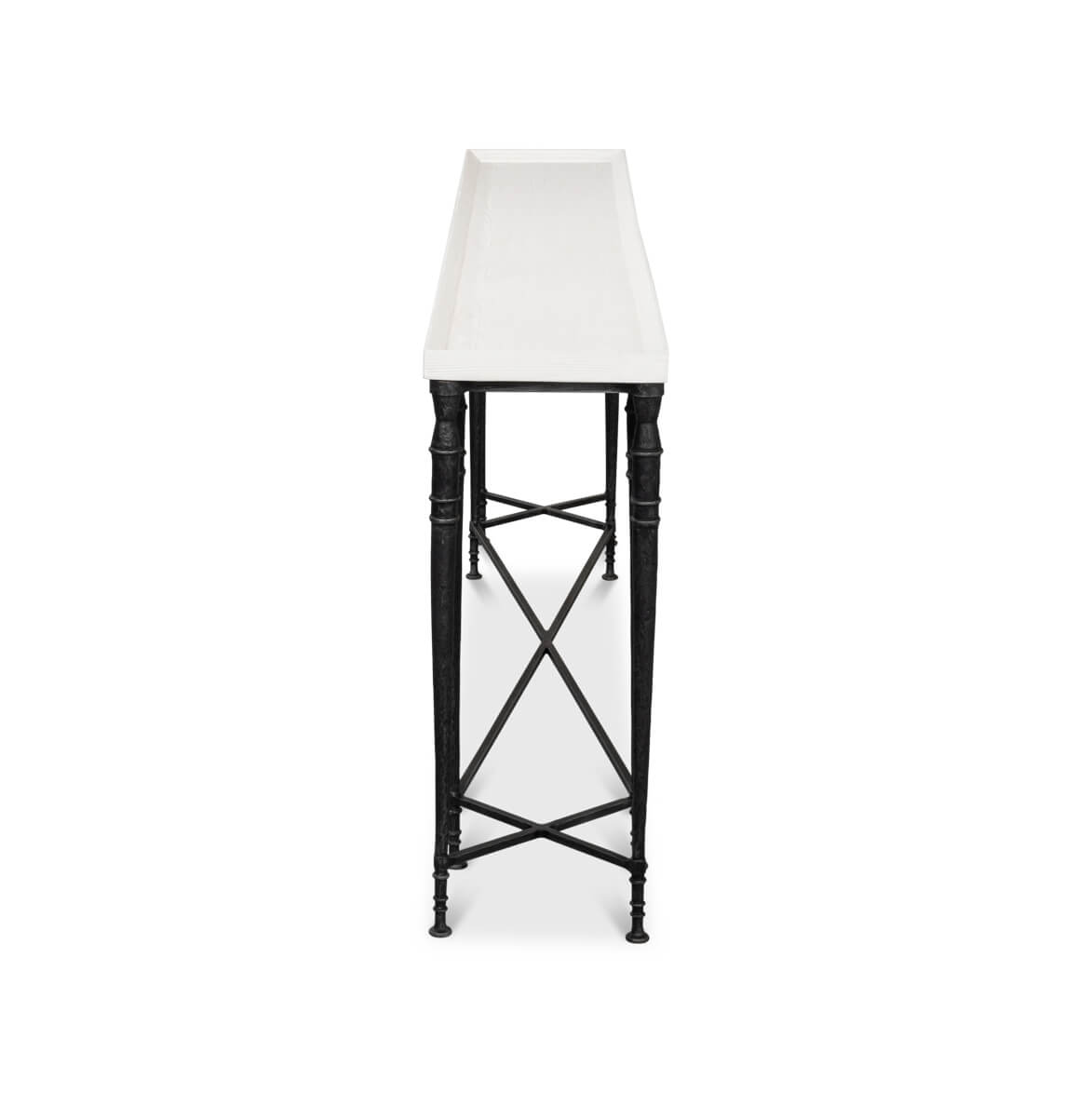 Large Art Deco console table, narrow side view.