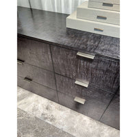 Close-up of black dresser drawers and handles.