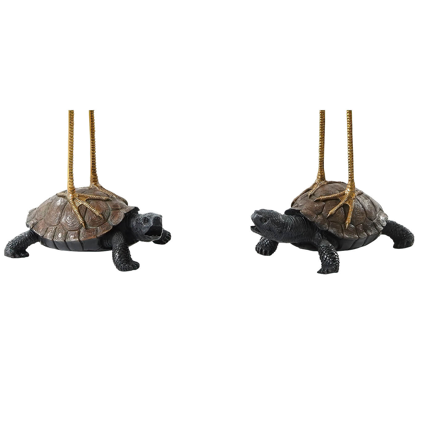 Turtles supporting crane statues, detailed close-up.