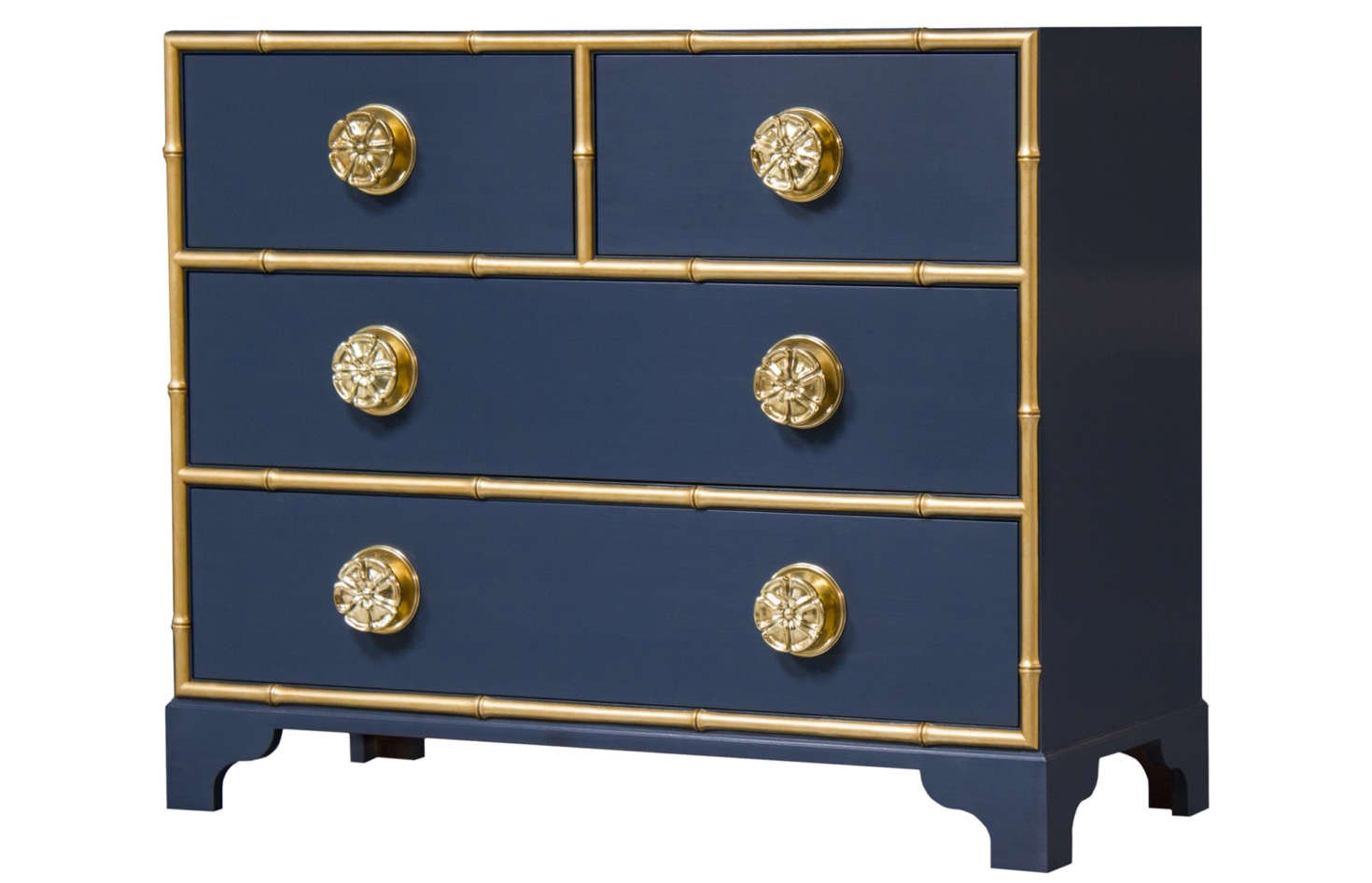 Navy dresser with gold trim and round knobs.