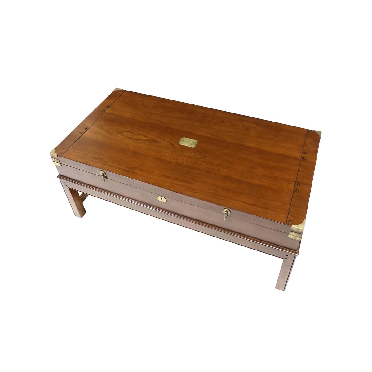 Top view of closed wooden coffee table with details.