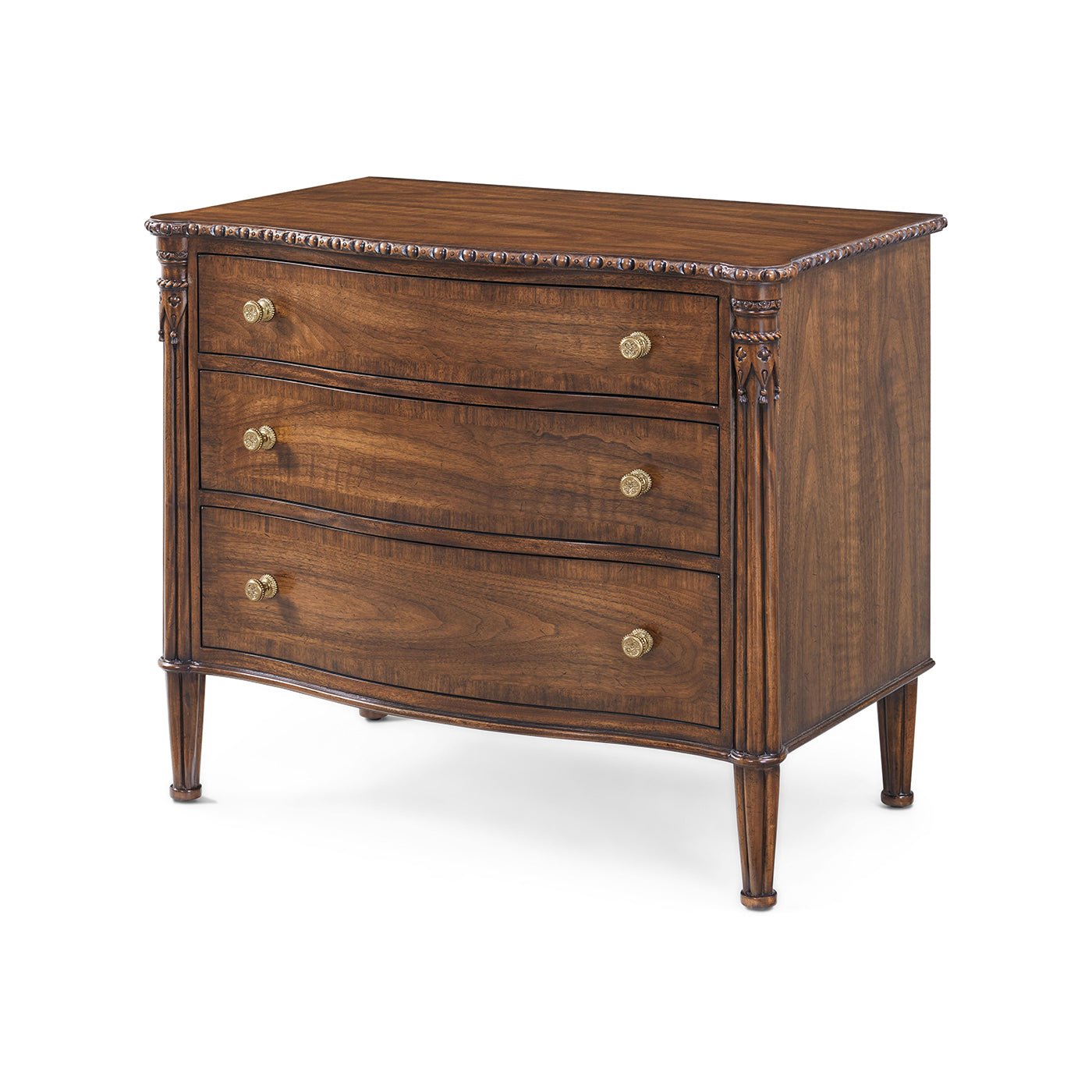Elegant wooden nightstand with three drawers, angled view.