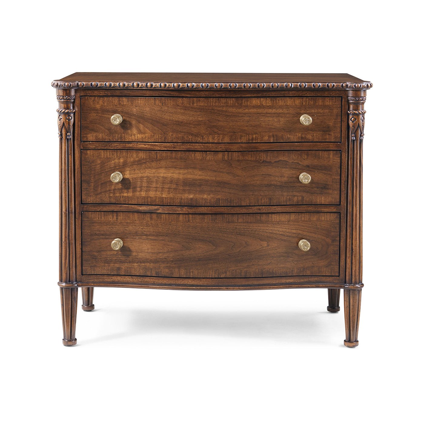 Front view of large English nightstand with brass knobs.