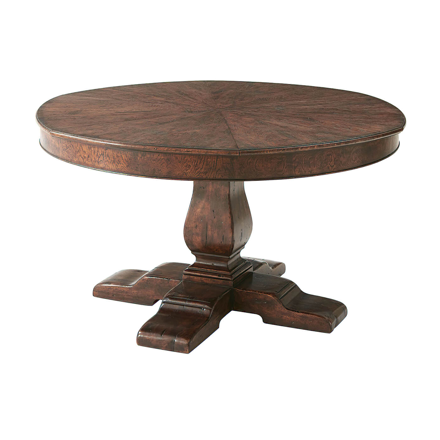 Round dining table angled view, closed, wooden design.