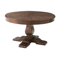 Round dining table angled view, closed, wooden design.