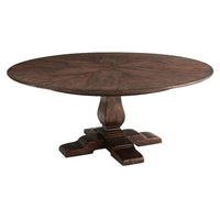 Large round dining table side view, wooden pedestal base.