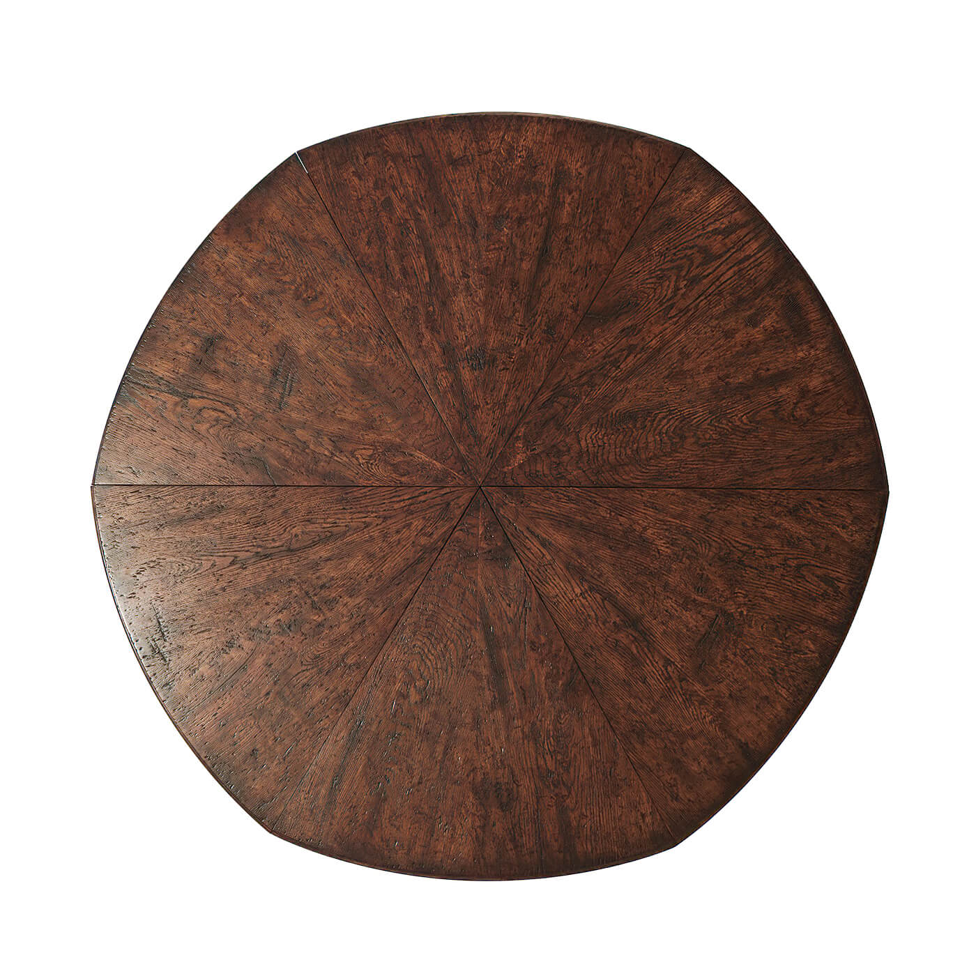 Top view of round dining table, wood texture.