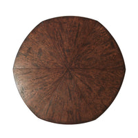 Top view of round dining table, wood texture.