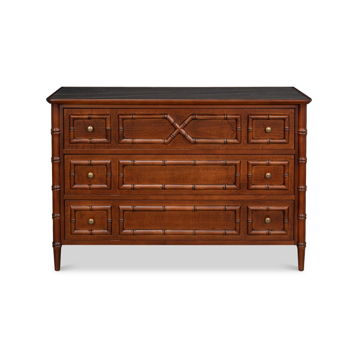 Front view of faux bamboo dresser with closed drawers.