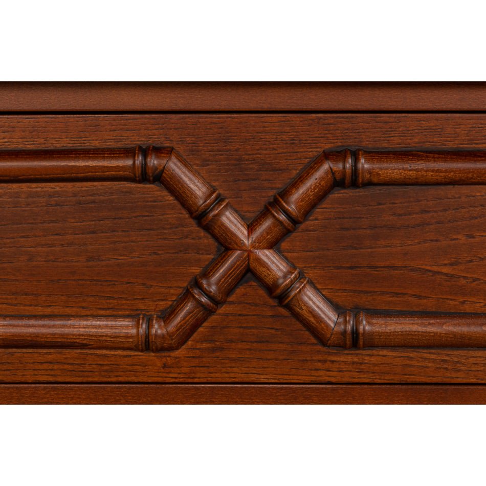 Close-up of bamboo detailing on faux bamboo dresser drawer.