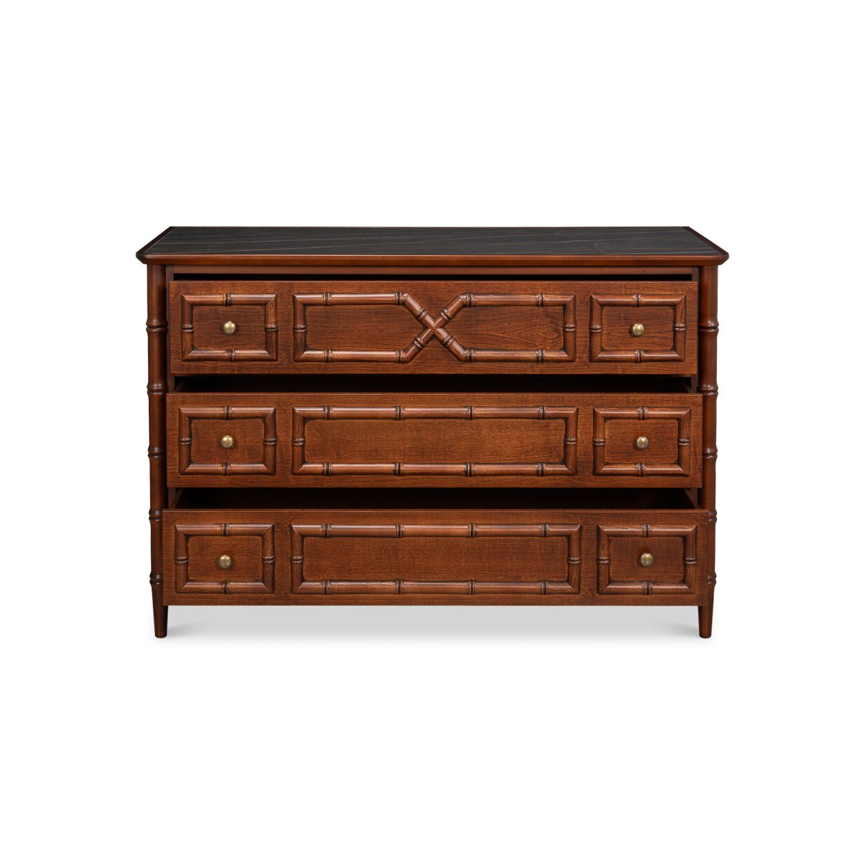 Front view faux bamboo dresser, bottom drawer slightly open.