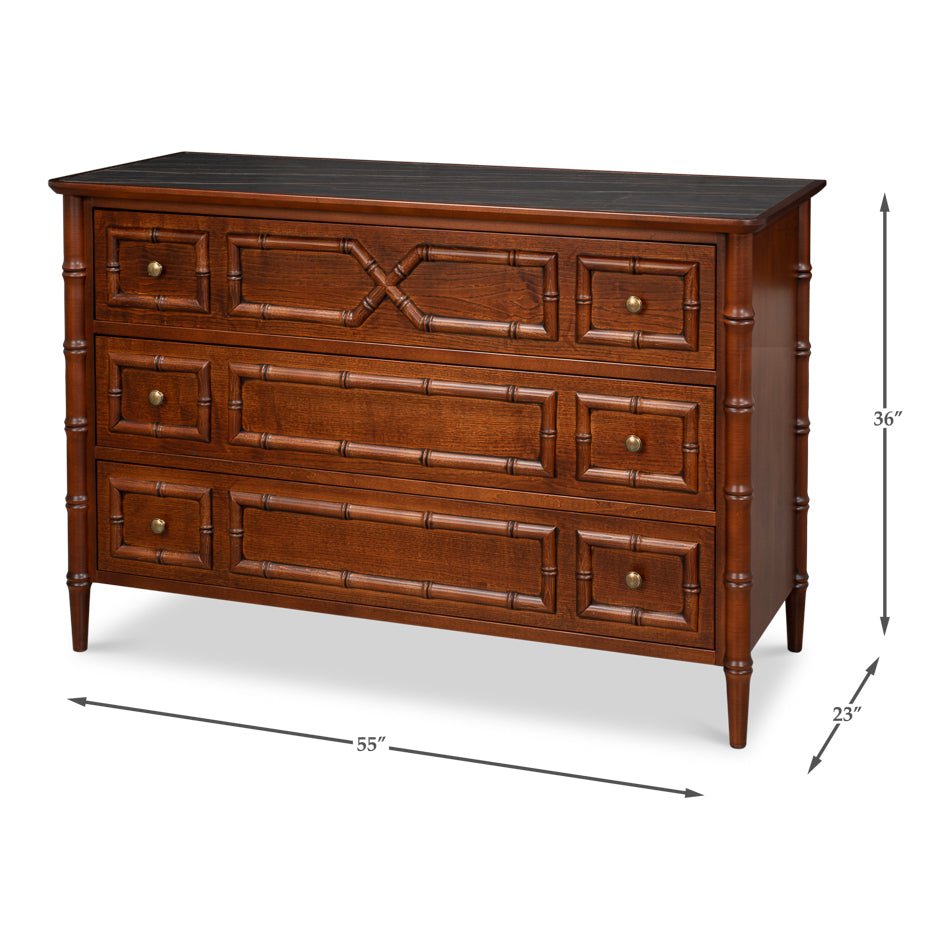 Dimensions displayed on large faux bamboo dresser image.