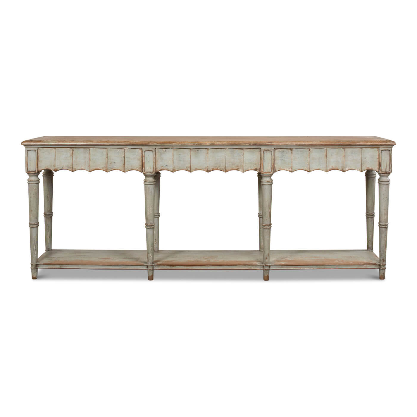 Front view of large French Country console table, wooden top.