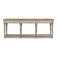 Front view of large French Country console table, wooden top.