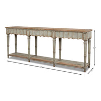 Dimensions of the large French Country console table, side view.