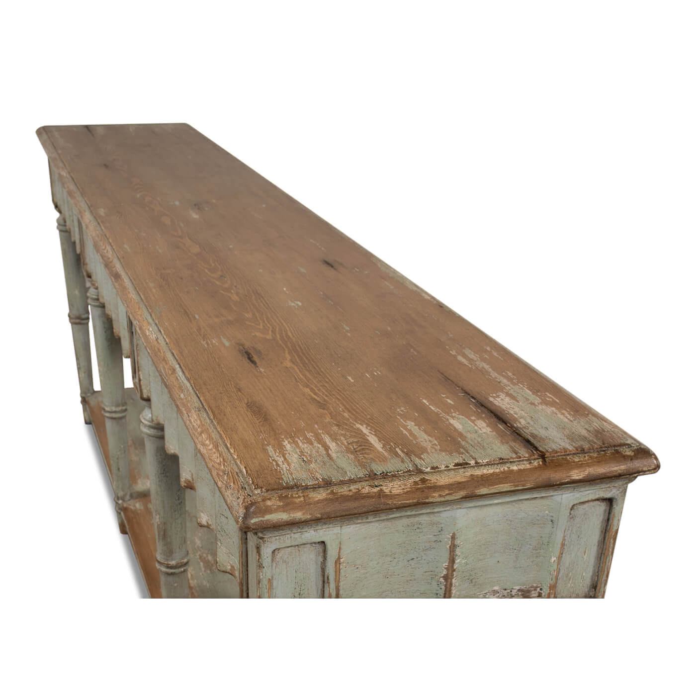 Close-up of wood grain on French Country console table top.