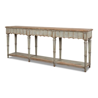 Angled view of French Country console table, rustic wood finish.