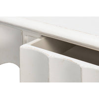 Open drawer close-up, antique white console table.