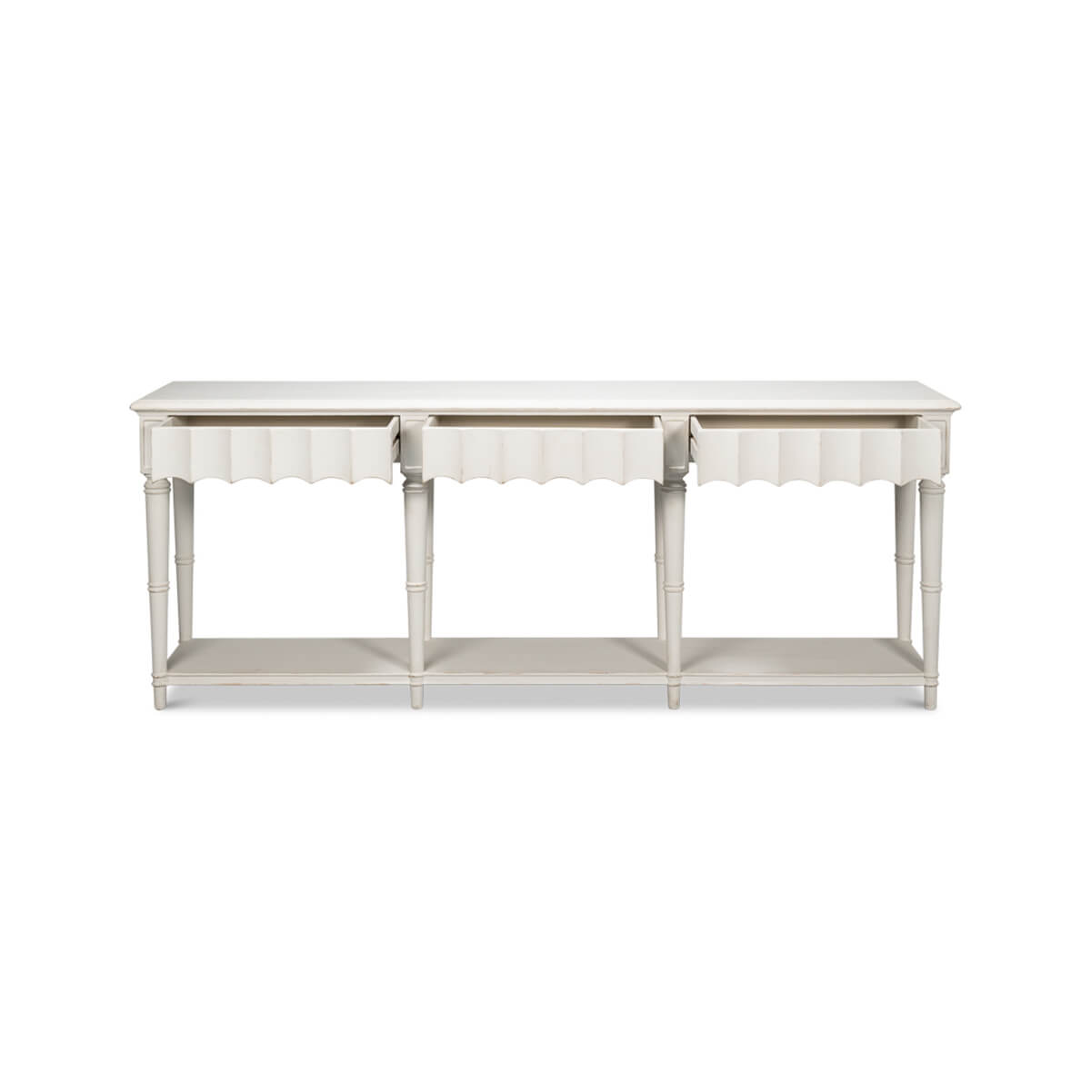 Front view with open drawers, white console table.