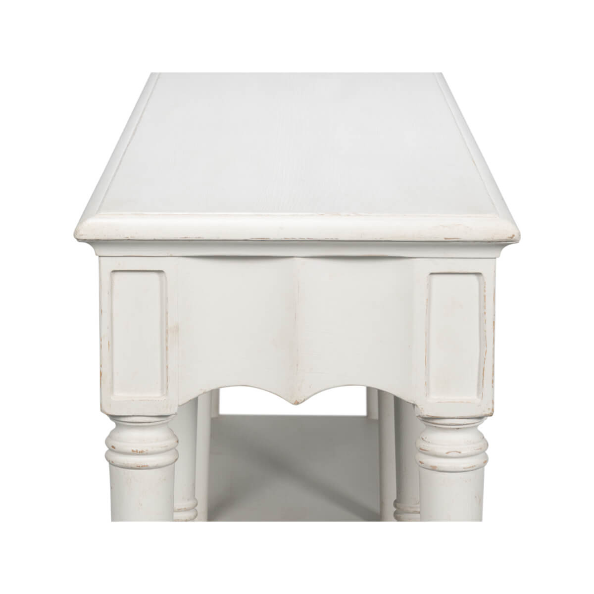 End detail of top and leg design, console table.